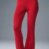 Denim Örme High-Waist Geniş Paça Pantolon - Canlı Kırmızı/Koyu Canlı Kırmızı