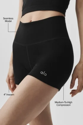 4″ Dikişsiz Modal Nervürlü High-Waist Şort – Siyah