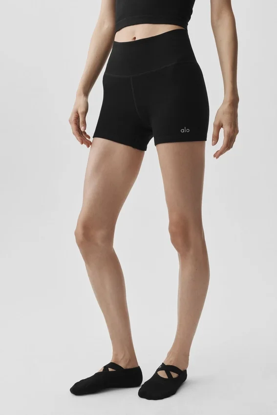 4" Dikişsiz Modal Nervürlü High-Waist Şort - Siyah