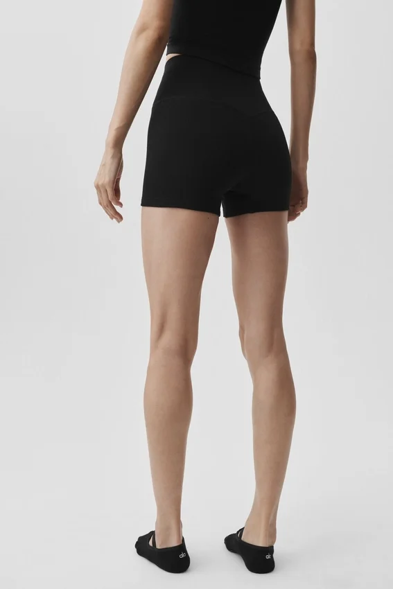 4" Dikişsiz Modal Nervürlü High-Waist Şort - Siyah