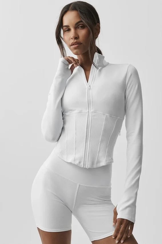 Airbrush Korsaj Tam Fermuarlı Ceket - Beyaz