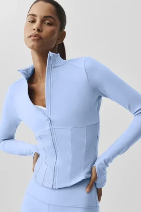 Airbrush Korseli Tam Fermuarlı Ceket – Açık Provence Mavisi