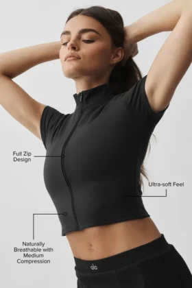 Alo Softsculpt Tam Fermuarlı Kısa Kollu Şort – Siyah