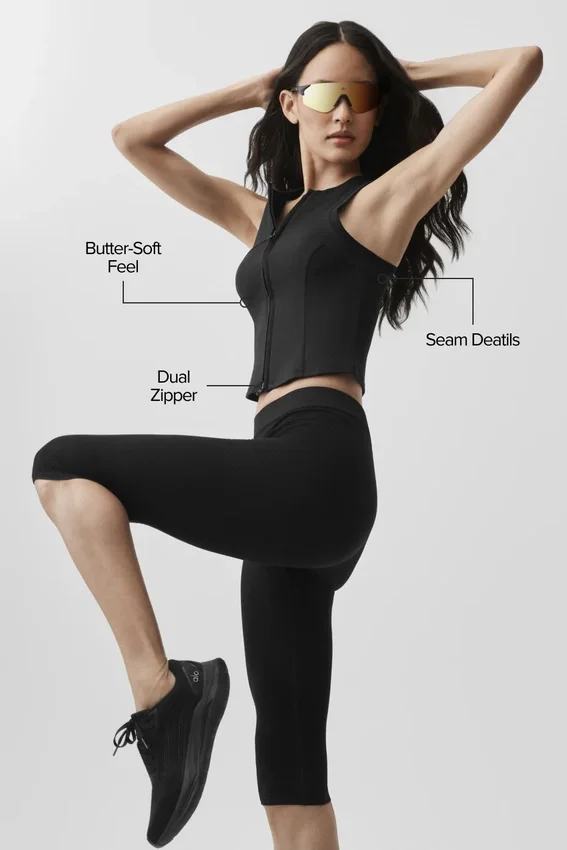 Alosoft Level up Tam Fermuarlı Tank Top - Siyah