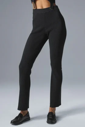 Denim Örgü High-Waist Flare Pantolon - Siyah/Antrasit