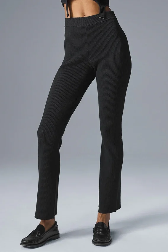 Denim Örgü High-Waist Flare Pantolon - Siyah/Antrasit