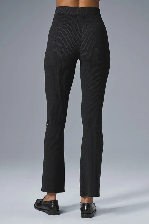 Denim Örgü High-Waist Flare Pantolon - Siyah/Antrasit