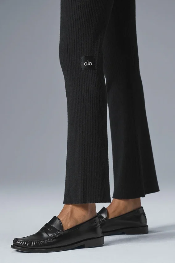 Denim Örgü High-Waist Flare Pantolon - Siyah/Antrasit