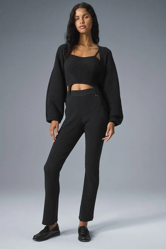 Denim Örgü High-Waist Flare Pantolon - Siyah/Antrasit
