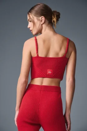 Denim Örgü Jartiyerli Tank Top – Canlı Kırmızı/Koyu Canlı Kırmızı