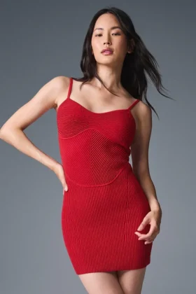 Denim Örgü Mini Elbise - Canlı Kırmızı/Koyu Canlı Kırmızı