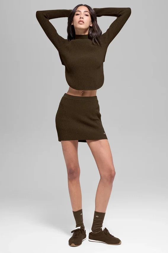 Denim Örme High-Waist Etek - Espresso/Siyah