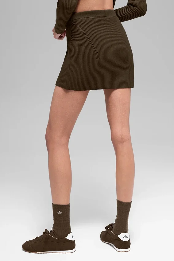 Denim Örme High-Waist Etek - Espresso/Siyah