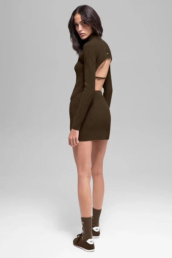 Denim Örme High-Waist Etek - Espresso/Siyah