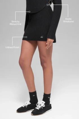 Denim Örme High-Waist Etek – Siyah/Antrasit