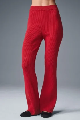 Denim Örme High-Waist Geniş Paça Pantolon - Canlı Kırmızı/Koyu Canlı Kırmızı
