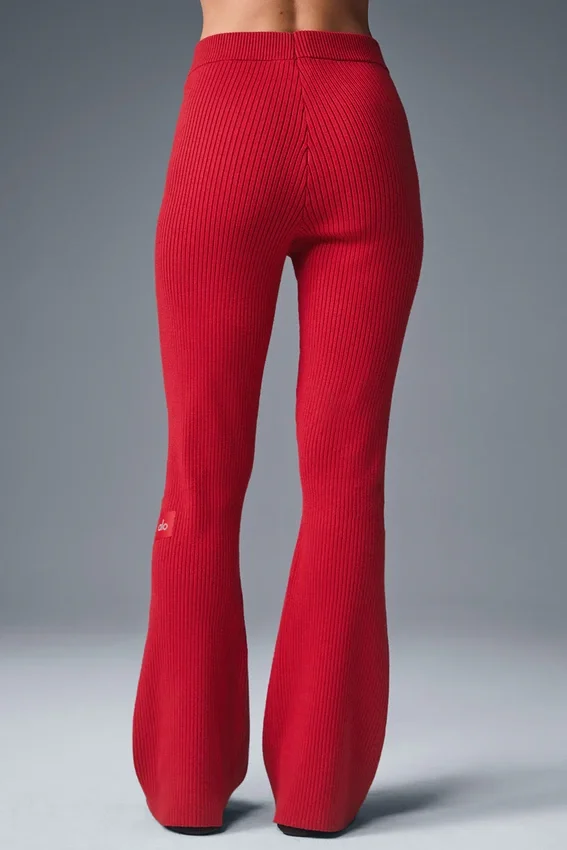 Denim Örme High-Waist Geniş Paça Pantolon - Canlı Kırmızı/Koyu Canlı Kırmızı