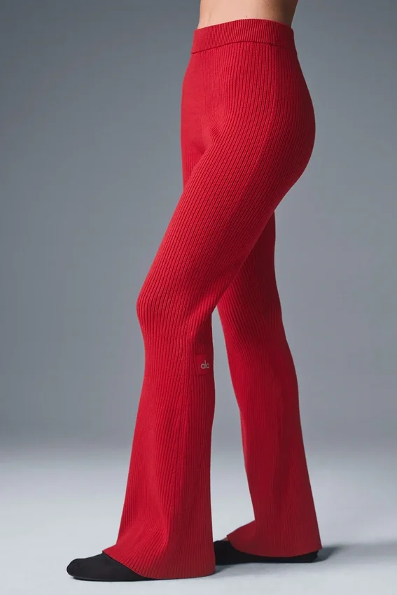 Denim Örme High-Waist Geniş Paça Pantolon - Canlı Kırmızı/Koyu Canlı Kırmızı