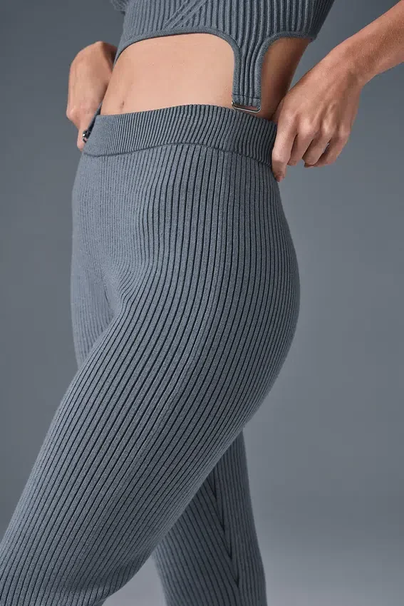 Denim Örme High-Waist Geniş Paça Pantolon - Çelik Gri/Antrasit
