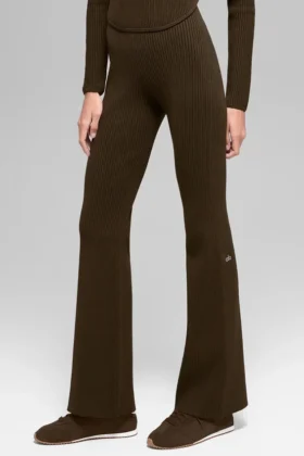 Denim Örme High-Waist Geniş Paça Pantolon - Espresso/Siyah