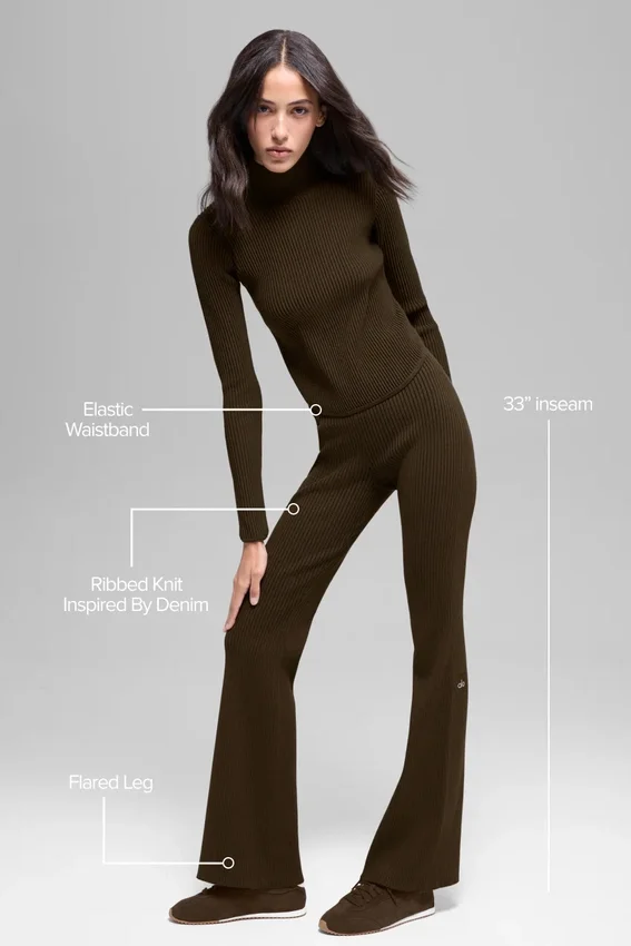 Denim Örme High-Waist Geniş Paça Pantolon - Espresso/Siyah