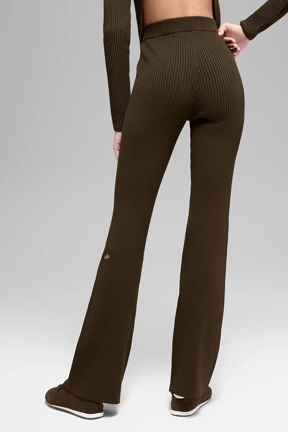 Denim Örme High-Waist Geniş Paça Pantolon - Espresso/Siyah