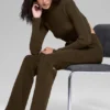 Denim Örme High-Waist Geniş Paça Pantolon - Espresso/Siyah