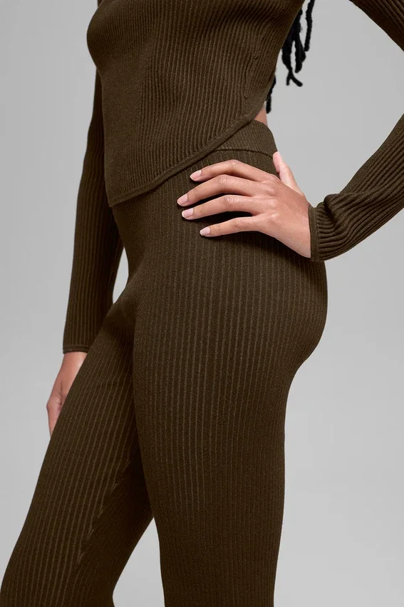Denim Örme High-Waist Geniş Paça Pantolon - Espresso/Siyah