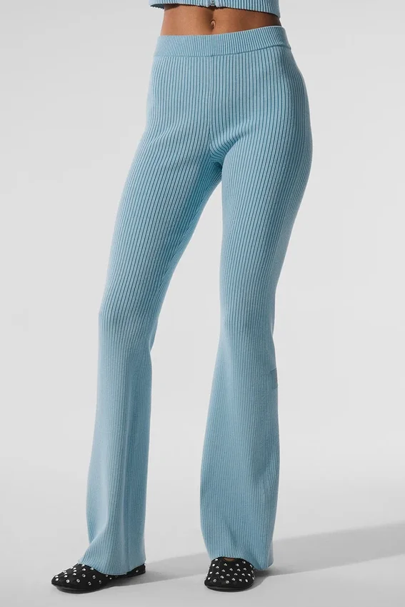 Denim Örme High-Waist Geniş Paça Pantolon - Gök Mavisi/Koyu Gök Mavisi