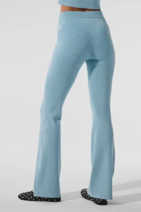 Denim Örme High-Waist Geniş Paça Pantolon – Gök Mavisi/Koyu Gök Mavisi