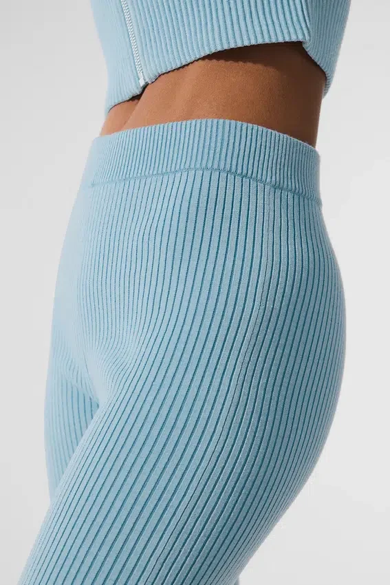 Denim Örme High-Waist Geniş Paça Pantolon - Gök Mavisi/Koyu Gök Mavisi