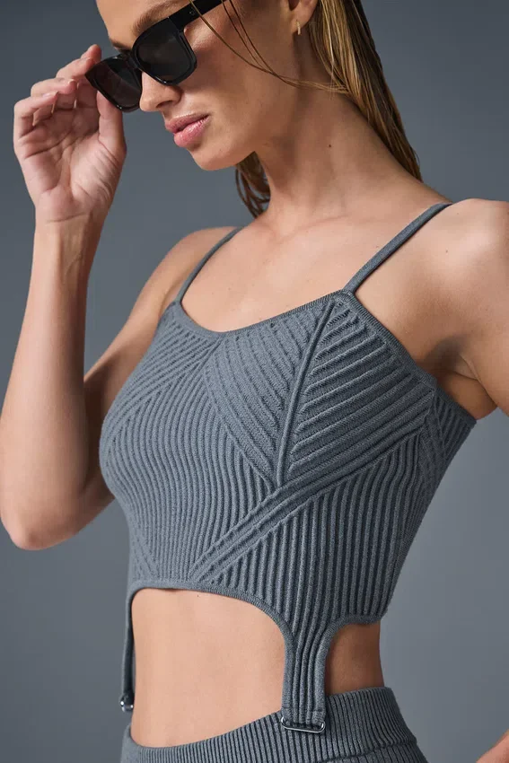 Denim Örme Jartiyerli Tank Top - Çelik Gri/Antrasit