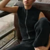 Denim Örme Kolsuz Tam Fermuarlı Üst Giyim - Siyah/Antrasit
