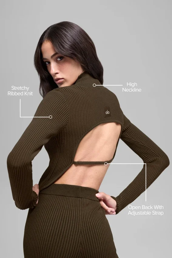 Denim Örme Sırtı Açık Uzun Kollu - Espresso/Siyah