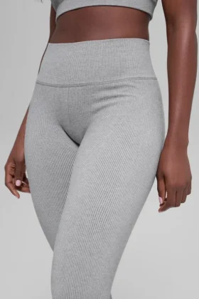 Dikişsiz High-Waist İki Tonlu Nervürlü Tayt - Açık Misty Gri Heather
