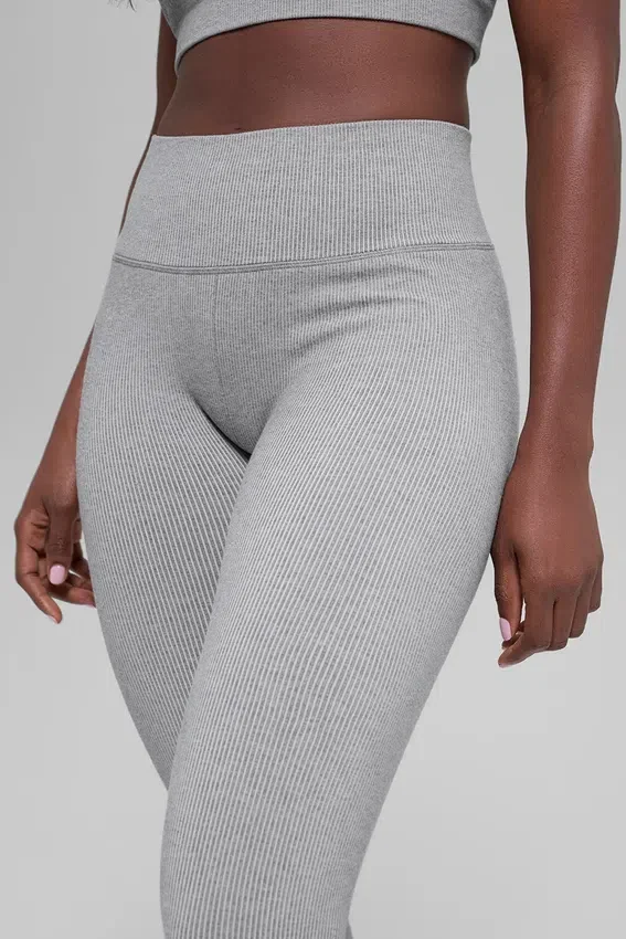 Dikişsiz High-Waist İki Tonlu Nervürlü Tayt - Açık Misty Gri Heather