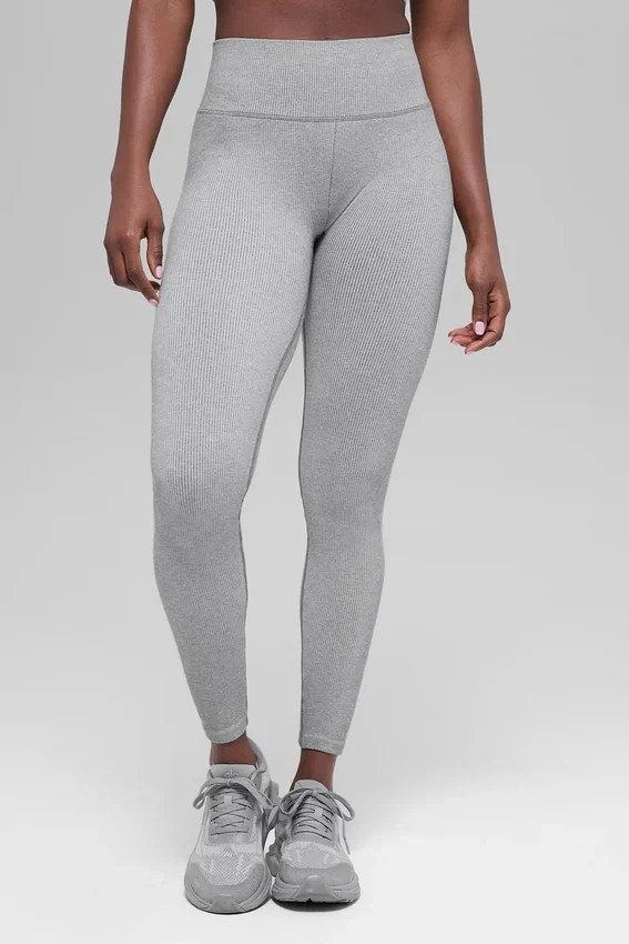Dikişsiz High-Waist İki Tonlu Nervürlü Tayt - Açık Misty Gri Heather