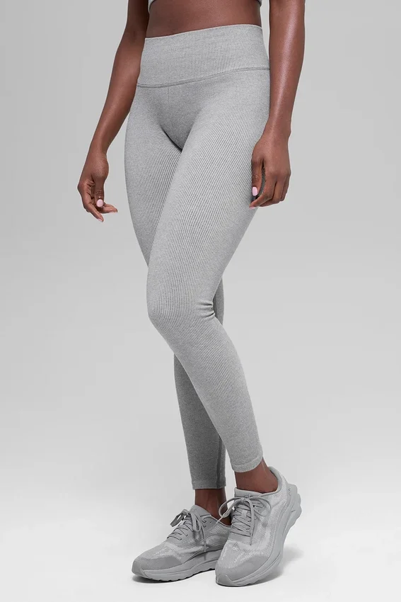 Dikişsiz High-Waist İki Tonlu Nervürlü Tayt - Açık Misty Gri Heather