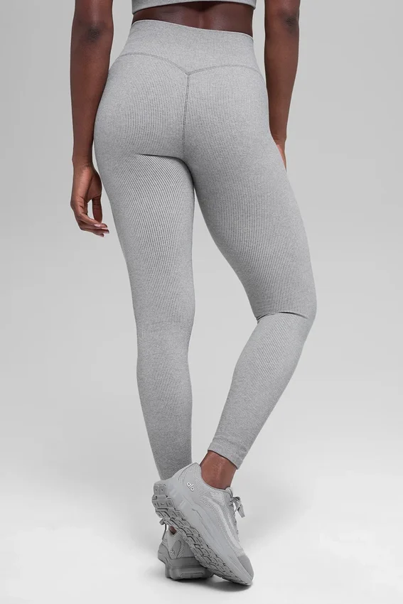 Dikişsiz High-Waist İki Tonlu Nervürlü Tayt - Açık Misty Gri Heather