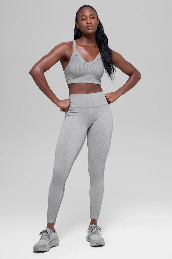Dikişsiz High-Waist İki Tonlu Nervürlü Tayt - Açık Misty Gri Heather