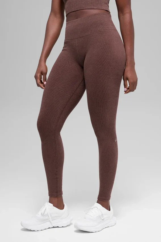 Dikişsiz High-Waist İki Tonlu Nervürlü Tayt - Brownstone Heather