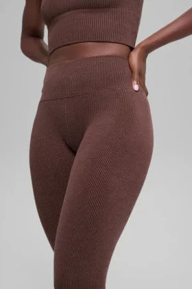 Dikişsiz High-Waist İki Tonlu Nervürlü Tayt – Brownstone Heather