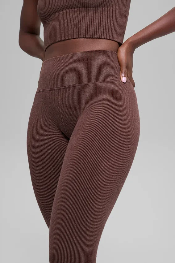 Dikişsiz High-Waist İki Tonlu Nervürlü Tayt - Brownstone Heather