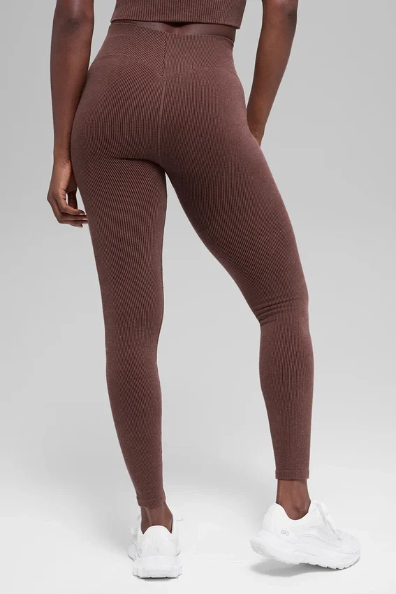 Dikişsiz High-Waist İki Tonlu Nervürlü Tayt - Brownstone Heather