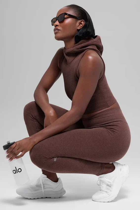 Dikişsiz High-Waist İki Tonlu Nervürlü Tayt - Brownstone Heather