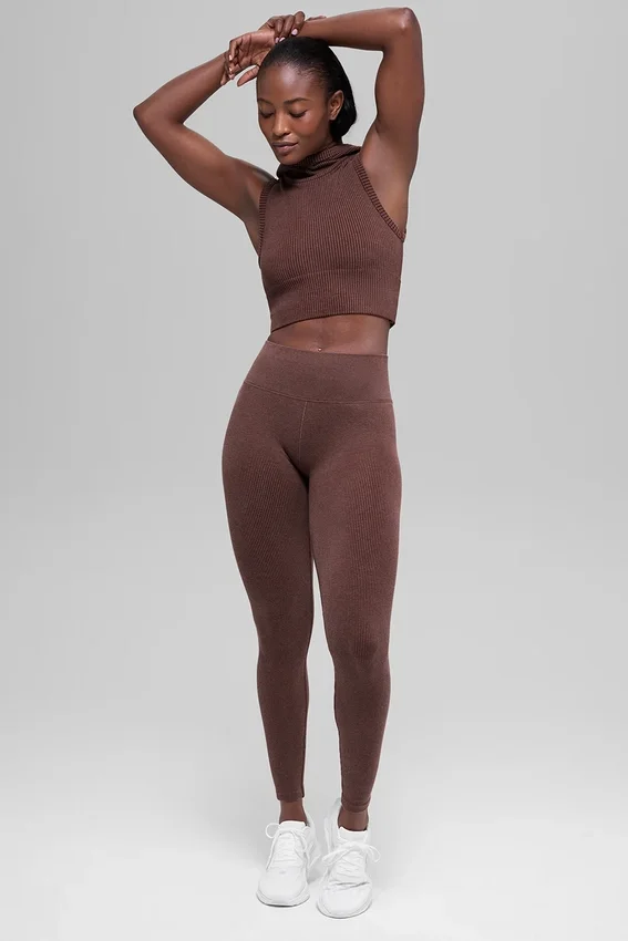 Dikişsiz High-Waist İki Tonlu Nervürlü Tayt - Brownstone Heather