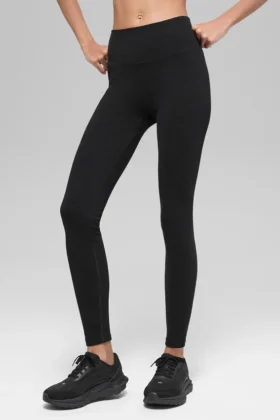 Dikişsiz High-Waist İki Tonlu Nervürlü Tayt - Siyah