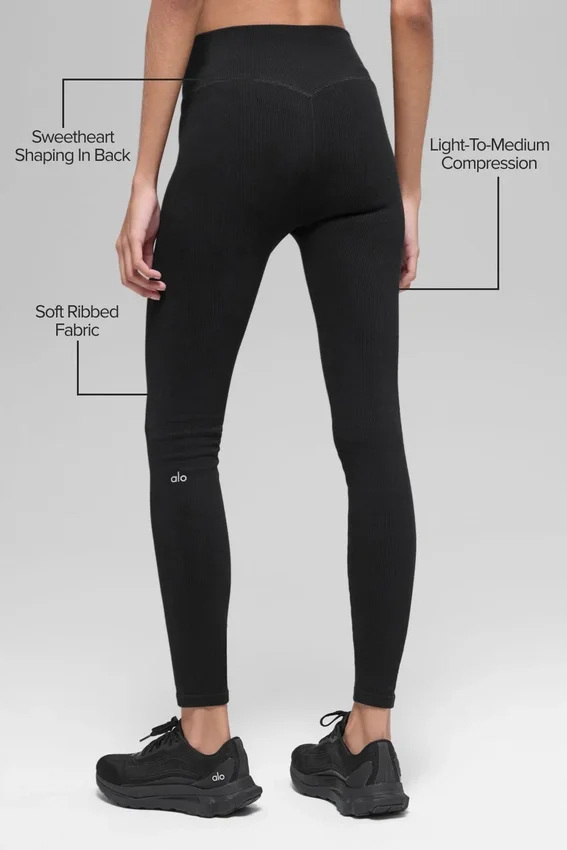Dikişsiz High-Waist İki Tonlu Nervürlü Tayt - Siyah