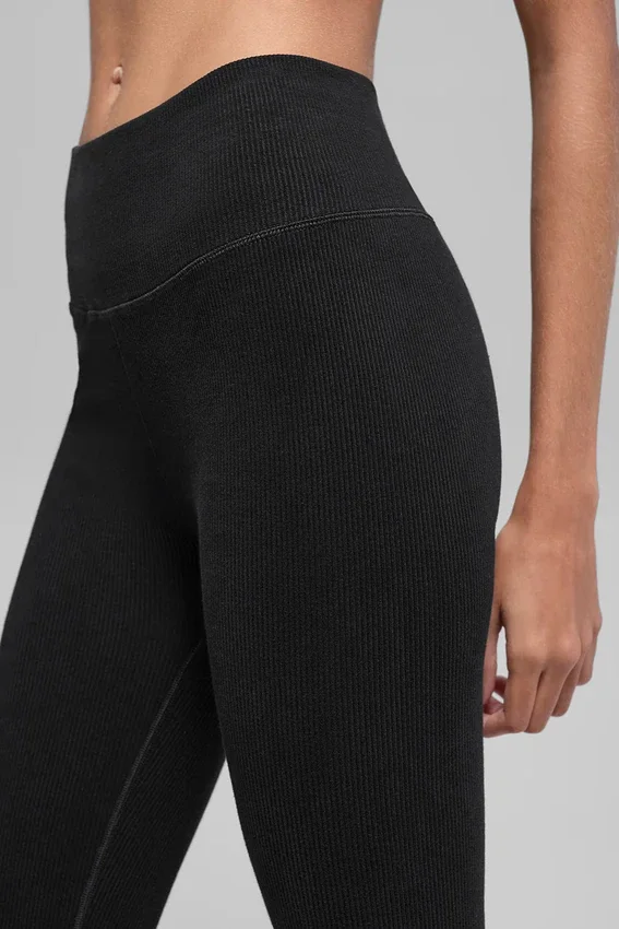Dikişsiz High-Waist İki Tonlu Nervürlü Tayt - Siyah
