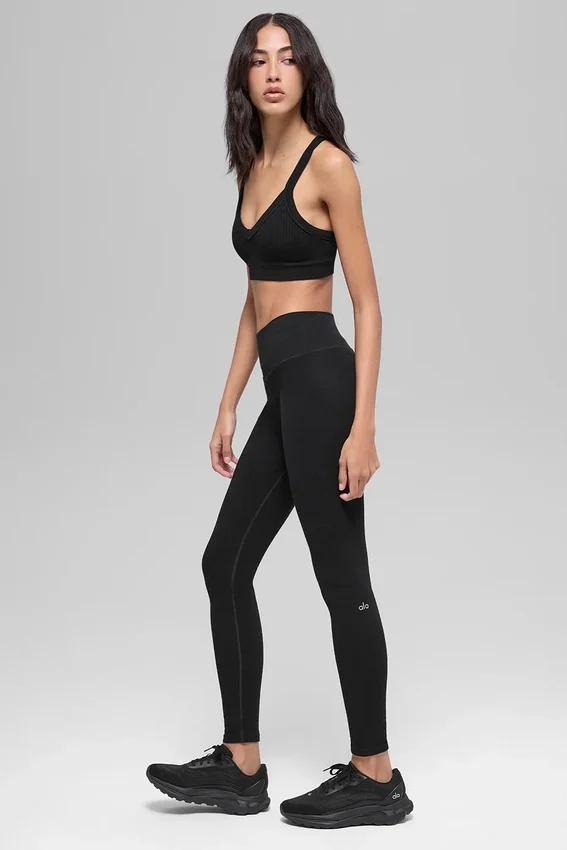 Dikişsiz High-Waist İki Tonlu Nervürlü Tayt - Siyah